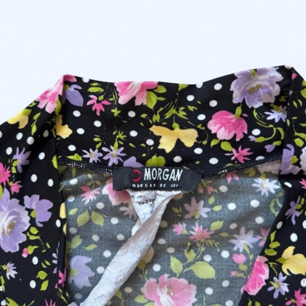 Rare Vintage 90s Morgan de toi black white yellow pink floral short sleeve top - Picture 4 of 4